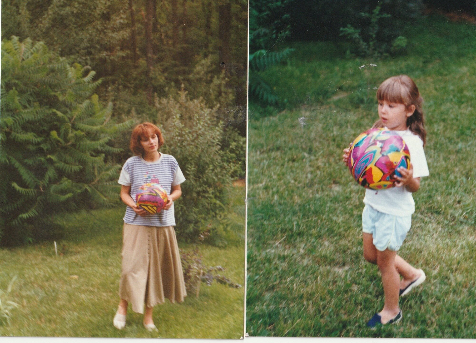 Dzień Dziecka 01.06.1996, ja i moja mama bawimy się piłką, którą dostałam w prezencie. Moja rodzina nie była majętna w tych czasach, ale pamiętam, jak radośnie i miło spędzałam czas na zabawie z mamą.