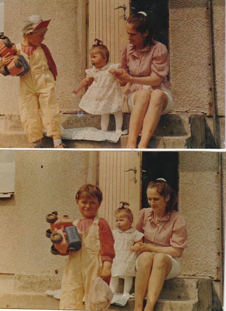 Mój pierwszy Dzień Dziecka, 01.06.1992, kiedy miałam jedynie 11 miesięcy, a mój starszy brat miał dopiero skończone 4 lata. Na zdjęciu jesteśmy w naszych świątecznych ubraniach, z mamą, przed domem, w którym wtedy mieszkaliśmy.